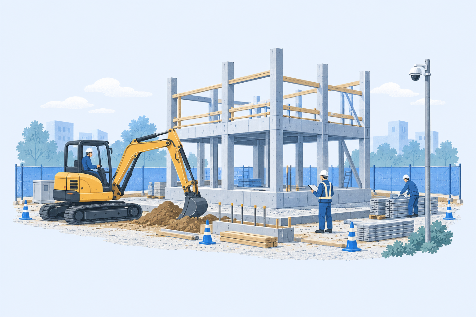 建設現場の重機、作業員とカメラを描いたイメージイラスト