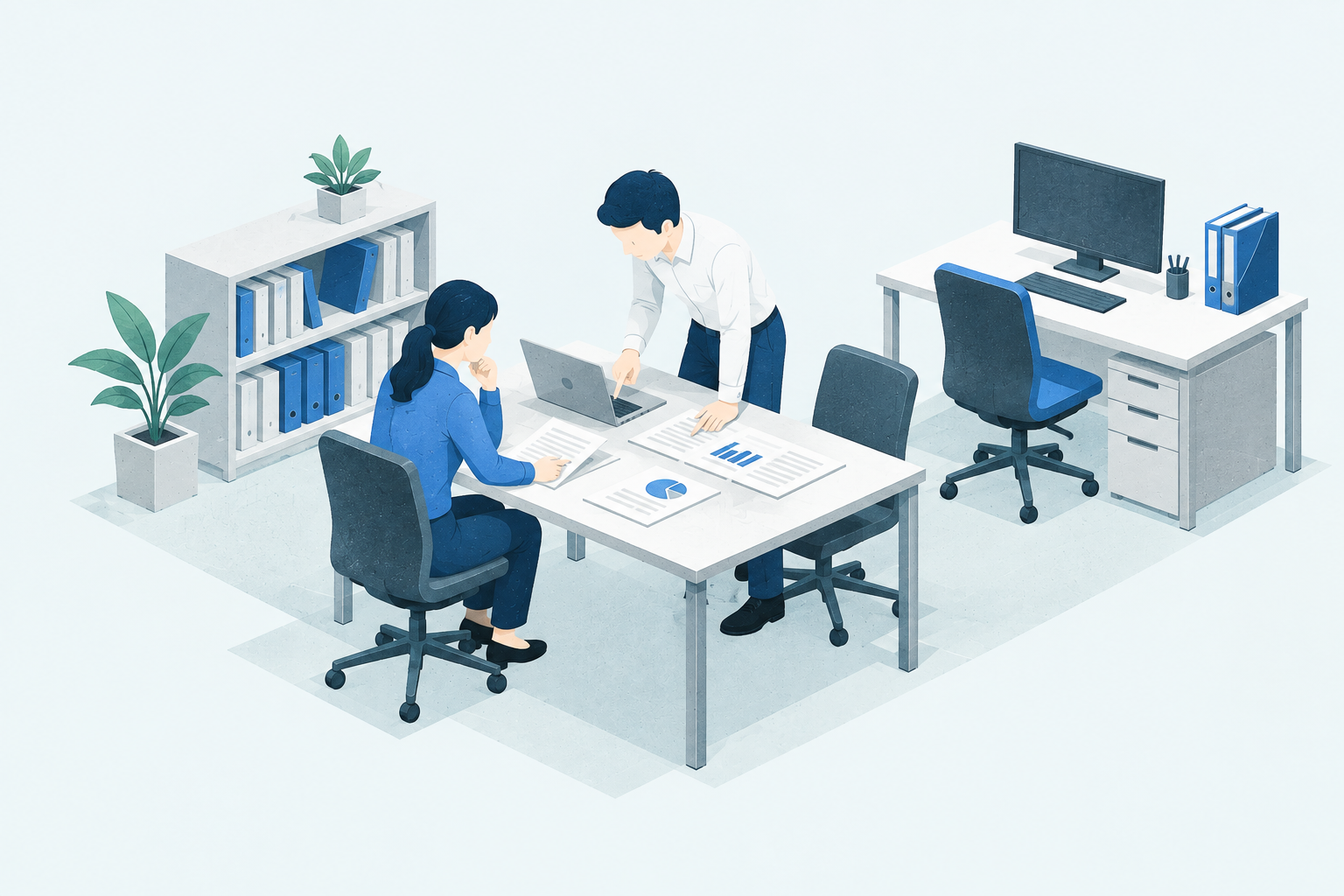 オフィスで社内資料を確認する同僚たちのイメージイラスト