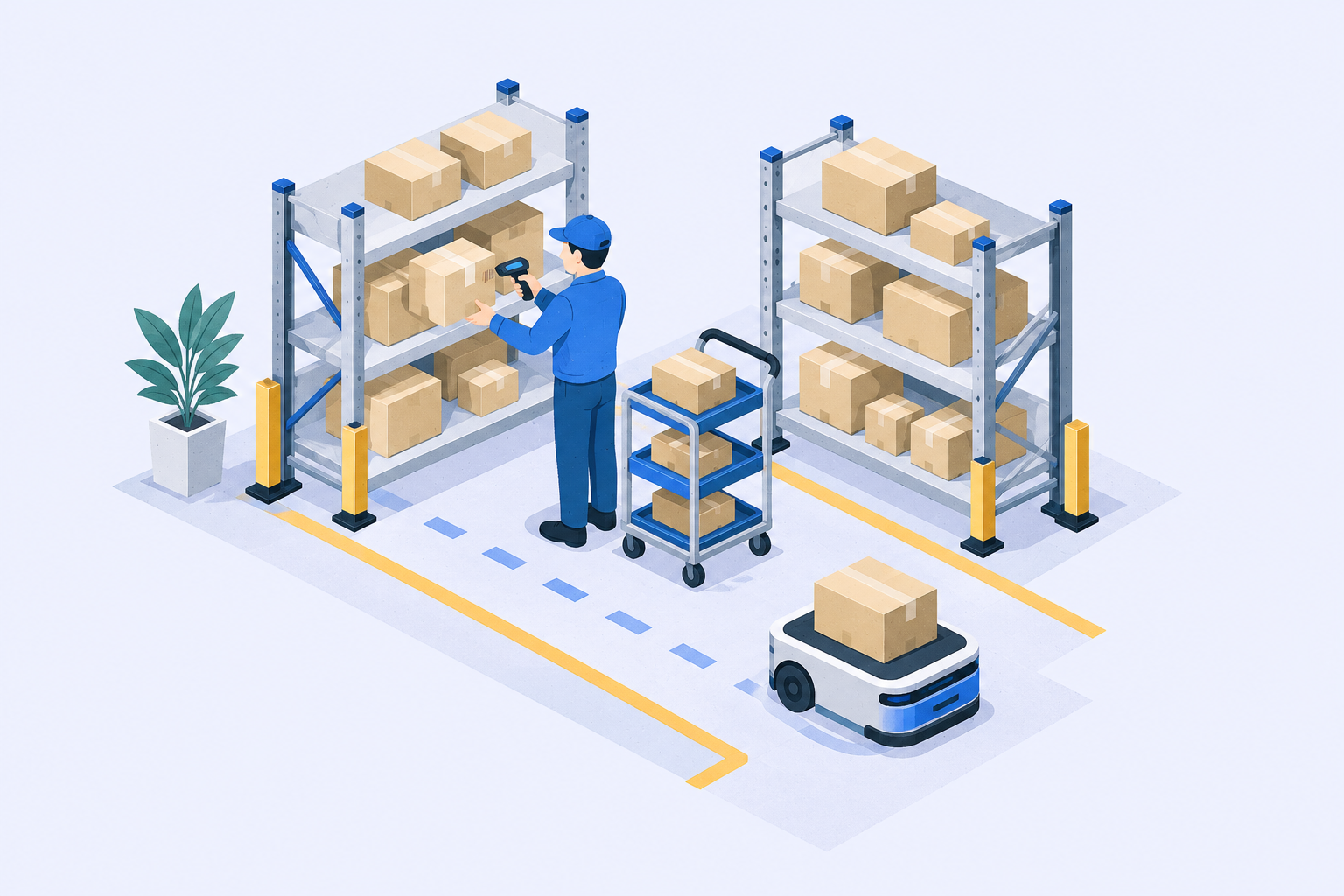 倉庫の棚、荷物を確認する作業員と搬送ロボットのイメージイラスト