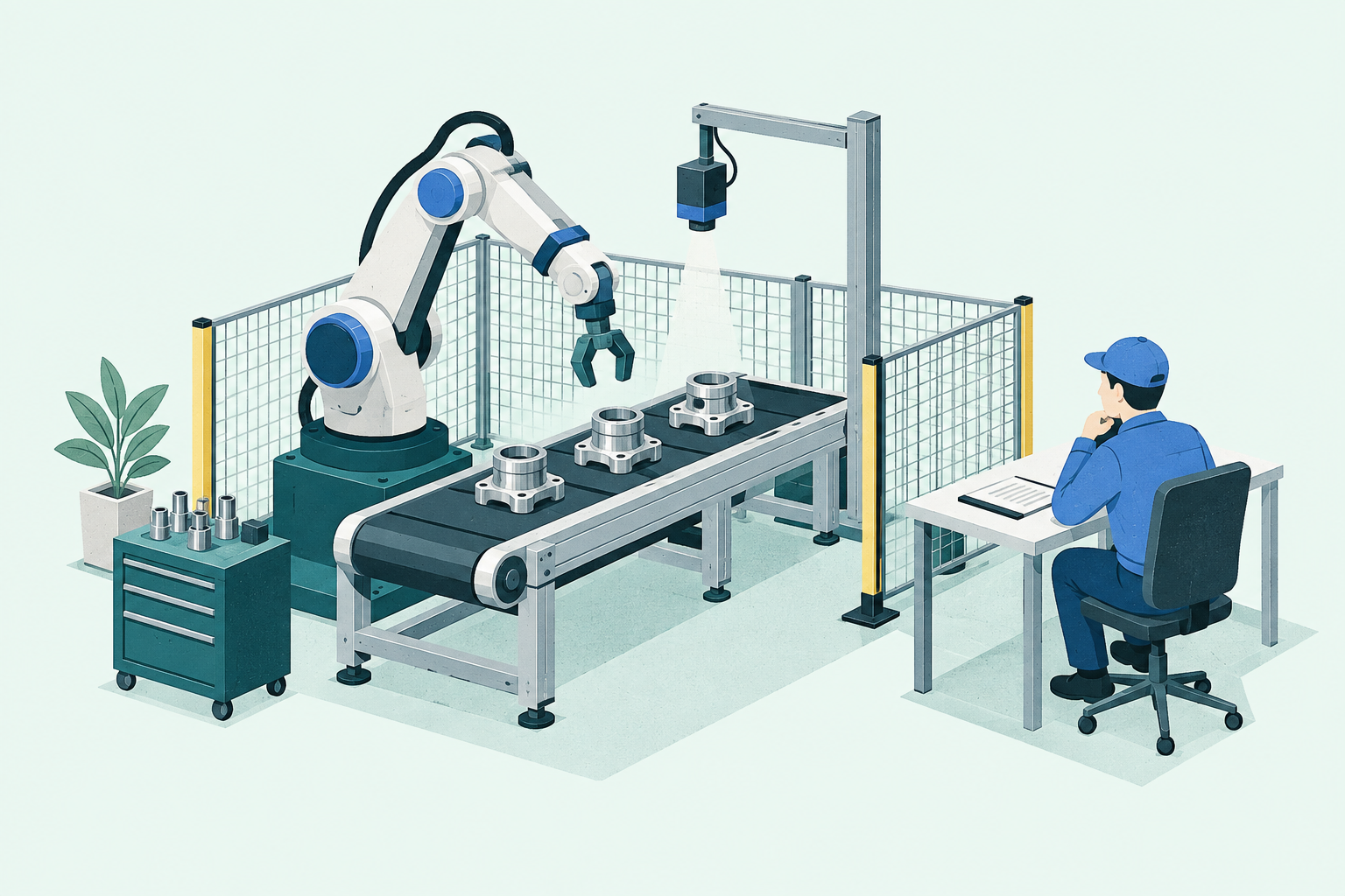 工場のロボットアーム、検査カメラと作業者を描いたイメージイラスト