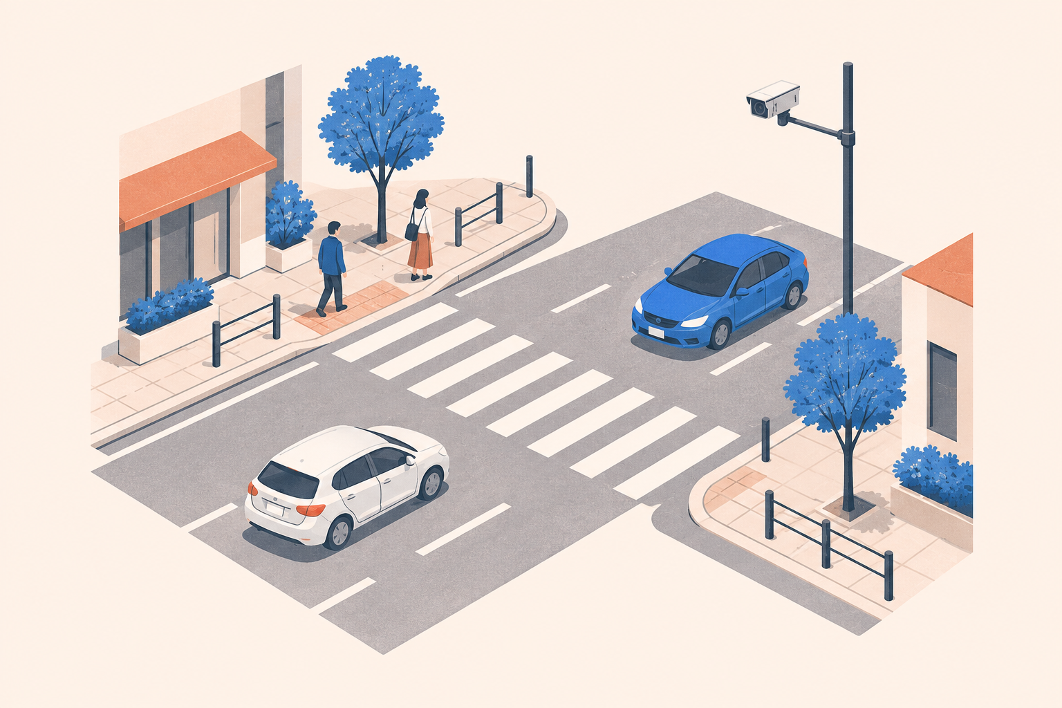 道路の車両、歩行者と交通カメラを描いたイメージイラスト