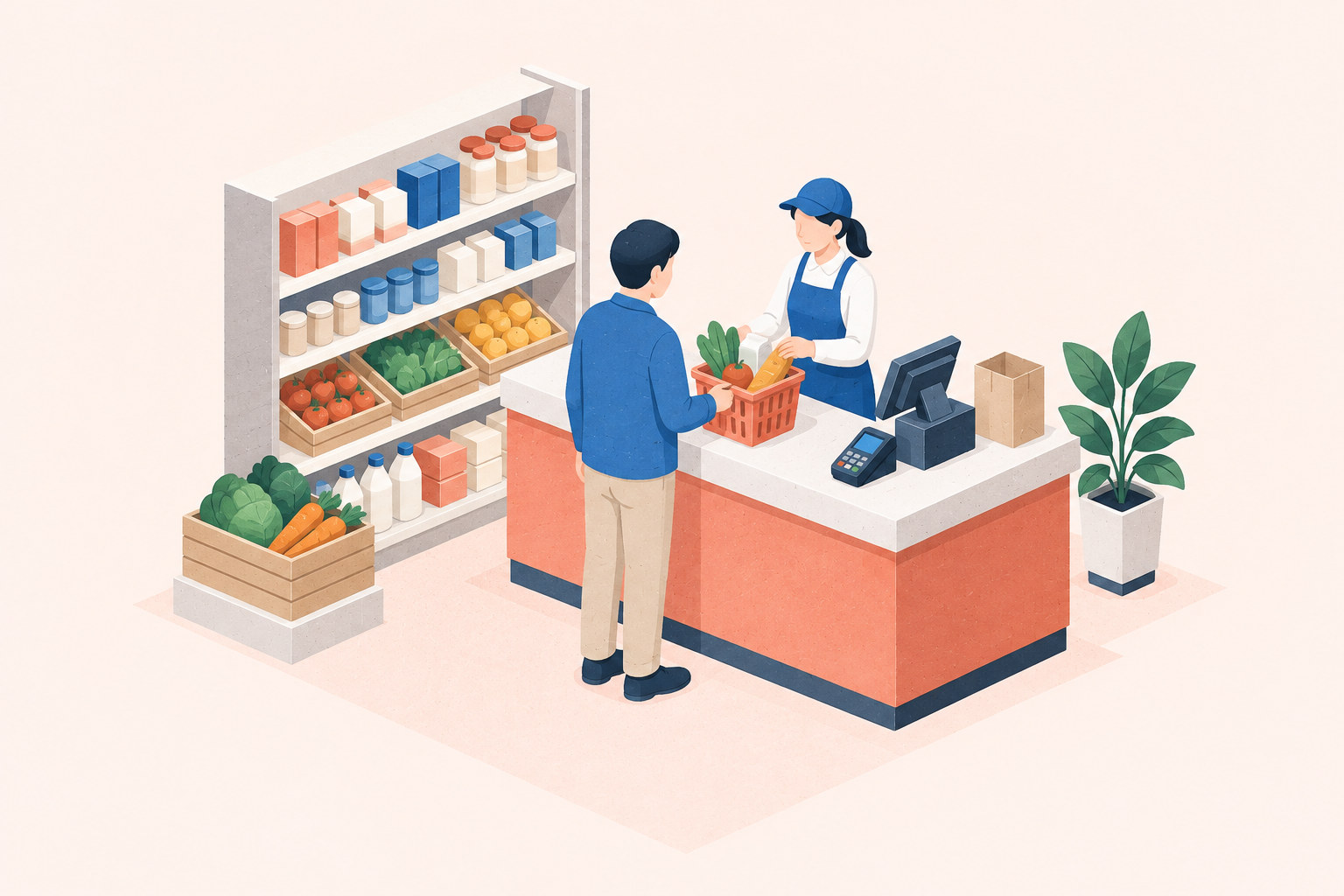 店舗の商品棚とレジで対応する店員・買い物客のイメージイラスト